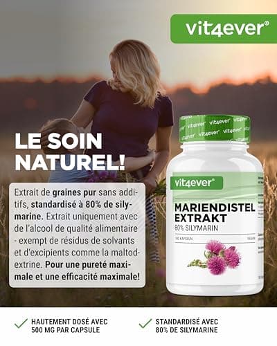 Extrait de chardon-Marie 180 gélules de 500 mg chacune - 80% de silymarine - 6 mois d'approvisionnement - Testé en laboratoire (teneur en ingrédients actifs et pureté) - Hautement dosé - Végétalien