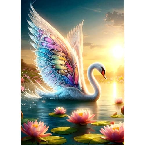 QINRUBB 5D Cygne Peinture Diamant Painting Kit, DIY Lotus Art du Diamant Complet Kits, Coucher de Soleil Diamond Art Strass Point de Croix Painting pour Adultes Débutants Maison Décor 30X40cm