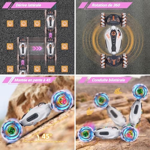 FORMIZON RC Stunt Auto Car, Voiture Télécommandée Tout Terrain avec Commande Manuelle 2.4GHz 4WD 360° Rotation RC Auto avec Spray, Musique et Lumière, Rotation Offroad Drift Cadeau Enfants(Gris)