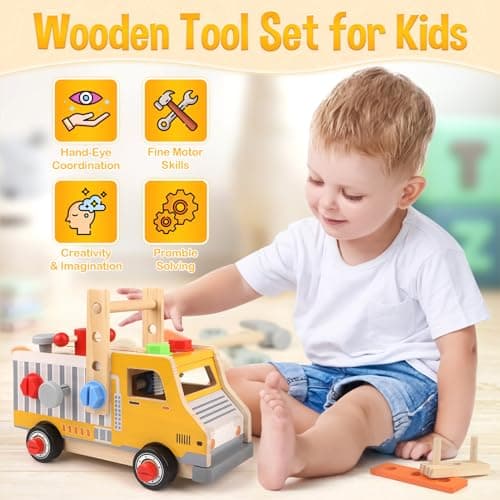 DINORUN Outils Enfant Jouet en Bois, Boite a Outils Enfant, Montessori Jeux, 47 Pièces Jeux avec Boîte à Outils, Cadeau Garcon Fille 3 4 5 6 Ans