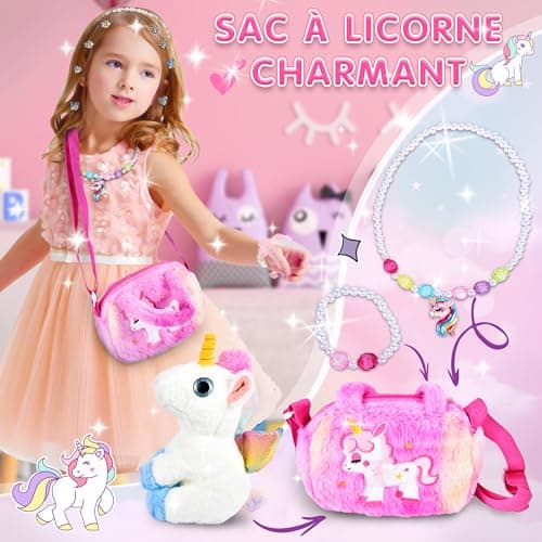 Joellfuner Peluche Licorne Cadeau Fille, Licorne Jouet AVCE Bijoux Enfants, Licorne Kit Bracelet, Sac Licorne, Licorne Serre Tête, Cadeau Anniversaire Fille, Noël Cadeau pour Enfants 6 7 8 9 Ans