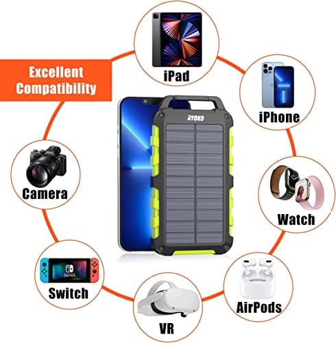 Chargeur Solaire 26800mAh Batterie Externe Solaire Portable Batterie avec 2 Ports USB et Une Entrée USB-C Charge Rapide Batterie Externe Imperméable pour Téléphone Ordinateur Camping Power Bank