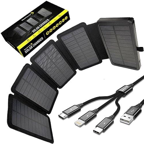 Batterie Externe Solaire avec 5 Panneaux Pliables, Câble Universel 3en1 & Lampe LED. Kit pour Randonnée Camping Survie. Power Bank, Alimentation Nomade pour Smartphone et Autres, idéal Survivalisme