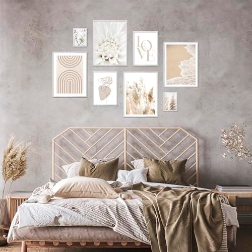 ARTFAVES® Ensemble d'affiches decoration murale - DOUCEUR BEIGE - 8 poster moderne - Salon et chambre Formes abstraites, herbe de pampa, fleur, beige, mer - sans cadre