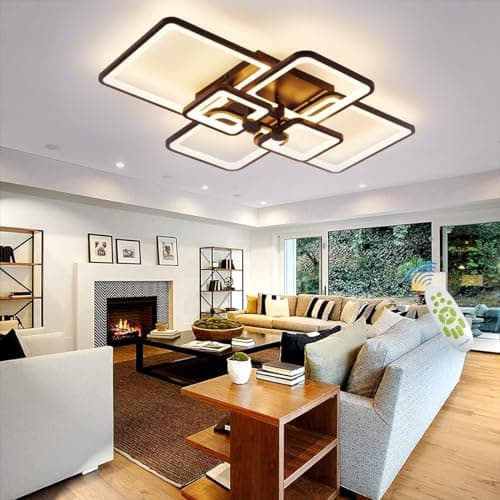 HIHIHOMY Plafonnier Led Dimmable, Plafonnier Moderne LED Lustre Salon Dimmable 78W 6 Rectangle Géométrique Plafonnier de Salon Éclairage de Plafond Multifonctionnel pour Chambre, Bureau, Noire