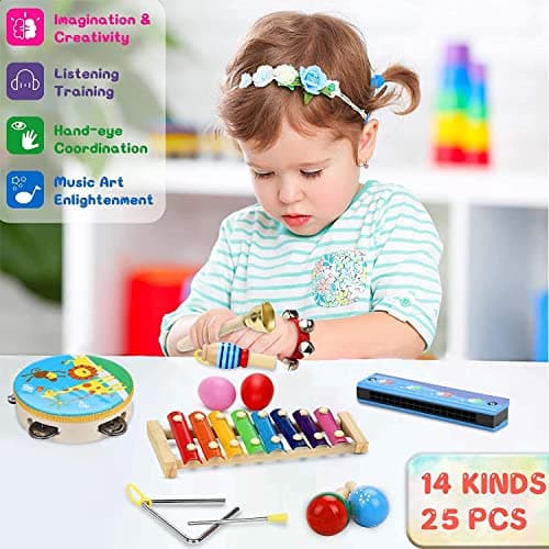 Jojoin Instrument de Musique Bebe - 25PCS Instrument de Musique Enfant avec Tambour Xylophone - Jeux Enfants 2 3 4 Ans - Jouet Enfant Bebe 1 2 3 4 Ans pour Fille Garçon - Jouets Musicaux en Bois