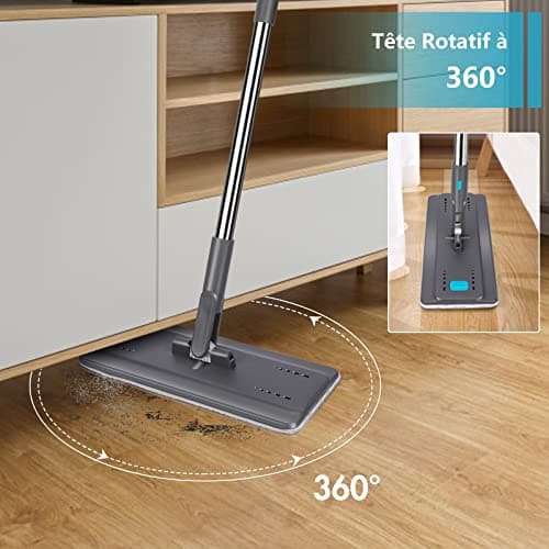 MASTERTOP Balai Microfibre et Seau Essoreur, Serpillière Plat Rotatif 360° et Seau Auto-Lavage, Vadrouille de Mains Libre pour Nettoyage de Sol, avec 6 Serpillières Réutilisables (Gris foncé)