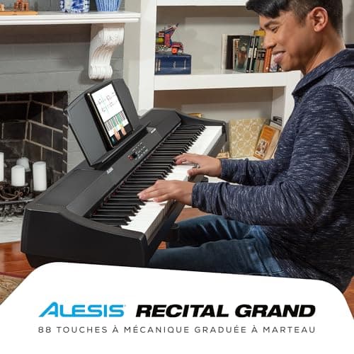 Alesis Recital Grand – Piano numérique 88 touches de taille authentique à mécanique graduée à marteau, 16 sons de clavier piano et enceintes intégrées