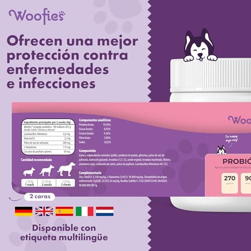 Woofies Probiotiques Friandises digestives pour Chiens - 90 pièces - Renforce la Flore intestinale et améliore Le système immunitaire - Ingrédients 100% naturels Prébiotiques (Poulet)