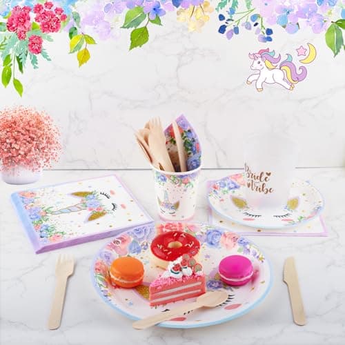 Assiettes Anniversaire Rose Licorne, Vexillic Set de Vaisselle de Fête Licorne 200 Pièce Réutilisable Decoration Anniversaire Licorne Fille Assiettes Tasses Serviettes Fourches (25 Invités)