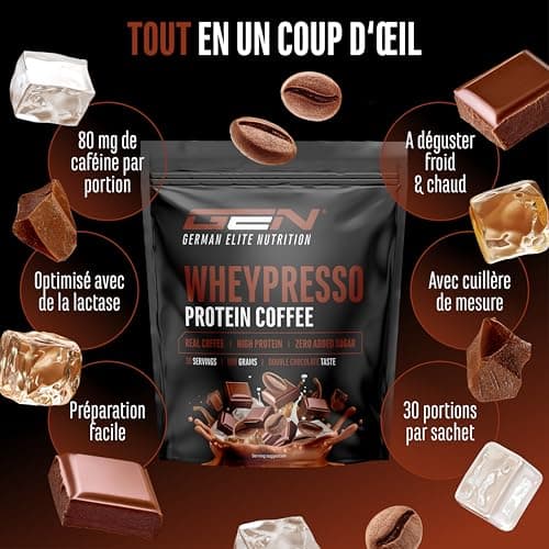 Wheypresso Protein Coffee - Poudre de protéine avec concentré de whey & isolat - Avec du vrai café & de la caféine - Boisson crémeuse à haute protéine - (908 g, Double Chocolate)