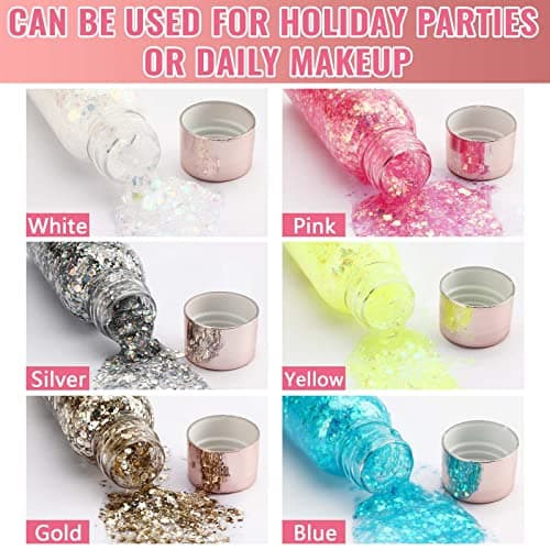 Royouzi Paillettes Visage, Glitter Body Gel, 6 Bouteilles Sirène Paillettes, Chunky Glitter Liquide Gel, 6 Couleurs Maquillage Glitter pour Fard à Paupières, Festival, Fête, Noël, Pâques, Maquillage
