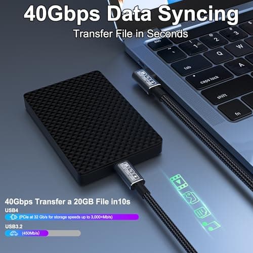 HOTUTUKI 90Degree Câble USB4, avec câble Thunderbolt 4, câble de charge 240W, câble de données 40 Gbps, 8K @ 60Hz HDR, câble USB C vers USB C, pour Hub, Dock,PC, eGUP (90Degree Câble USB4-1M)