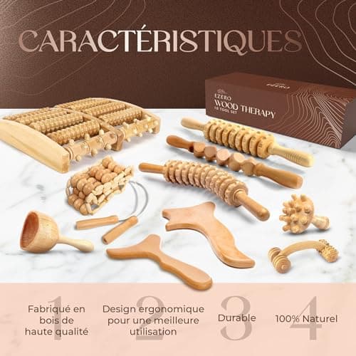 Ezero Maderotherapie Kit Complet Cellulite 10 Pièces - Kit Maderotherapie Complet - Palper Rouler Anti Cellulite, Rouleau Massage Anti Cellulite - Drainage Lymphatique - Maderotherapie Ventre