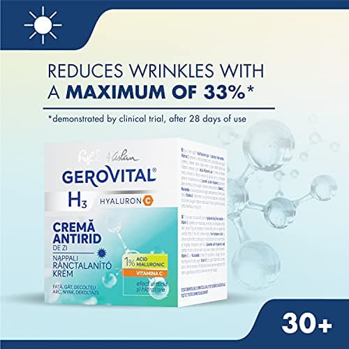 Crème Hydratante Anti-Rides Antioxydante pour Visage de Jour à l'Acide Hyaluronique, Vitamine C et E, 50 ml, Gerovital H3 Hyaluron C