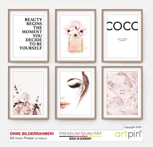 Artpin® Lot de 6 affiches murales élégantes pour salon, SANS CADRE! format A4 pour chambre - motif Coco Rose W2