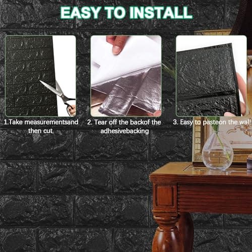 40 pièce Papier Peint Brique 3D Brique Pierre Adhesif Mural Autocollant, 38 ×35 cm Noir Stickers Panneaux Muraux 3D Mural, Dalle PVC Adhesive Murale, Panneau Mural Decoratif