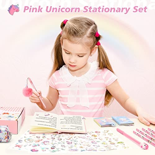 Cooyou Cadeau de Papeterie Licorne pour Fille 6 7 8 9 10 11 12 Ans, Trousse, Stylo, Crayon et Carnet de Licorne, Ensemble de Jouets Licorne pour Filles, Rose