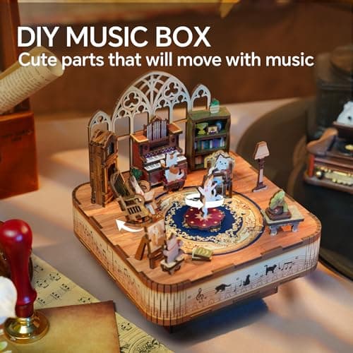 Tonecheer Kit de boîte à Musique à Faire soi-même pour Adultes, Puzzles 3D en Bois, boîte à Mouvement Musical pour Adolescents, Bureau, Cadeaux décoratifs pour Anniversaire (Famille de Chats)