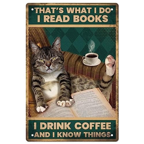 GLOBLELAND Les Chats lisent des Livres en métal rétro d'art Panneaux d'affiches rétro Je lis Un Livre pour Boire Un café Les Murs en métal décorés en Fer 8x12inch adaptées à la Cuisine décoration