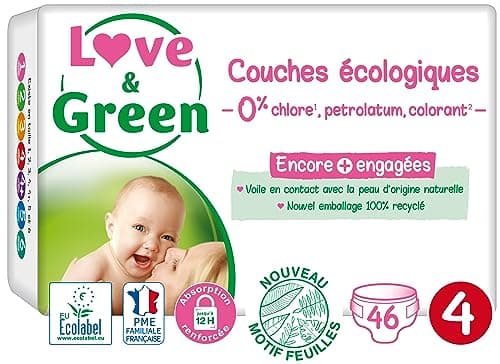 Love & Green - Couches Bébé Saines et Ecologiques - Taille 4 (7-14 Kg) - Pack 1 Mois (184 Couches) - Absorbante, anti-fuites et sans ingrédients indésirables