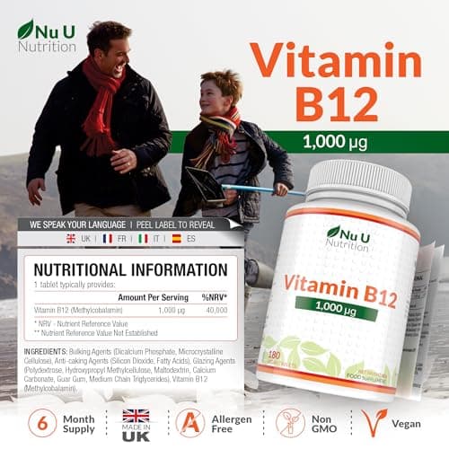 Vitamine B12 1000μg - Puissance Élevée de B12 Méthylcobalamine - 180 Comprimés Végétaliens (Approvisionnement pour 6 Mois) - Nu U Nutrition