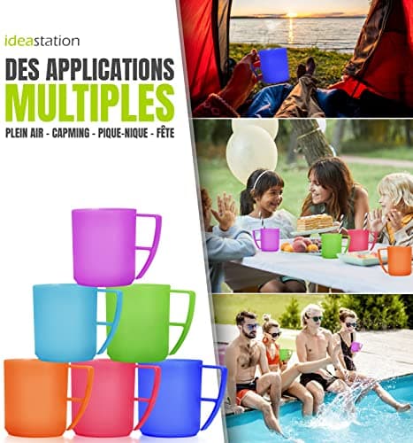 idea-station Neo tasse en plastique 6 x 350 ml - coloré - ensemble de tasses incassables pour enfants et personnes âgées - tasse de camping idéale avec poignée