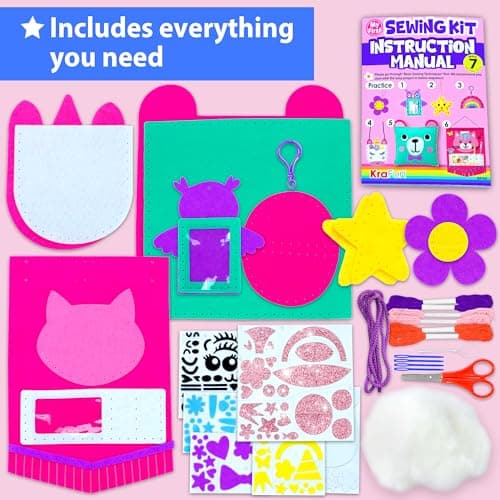 KRAFUN Mon Premier kit de Couture pour Enfants - Arts et Artisanat pour débutants - Comprend 6 projets faciles - Poupées et oreillers - Instructions et Feutre pour Apprendre à Coudre, à Broder