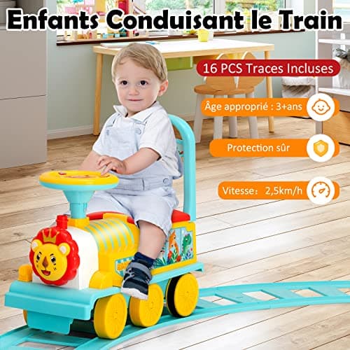 DREAMADE Train de Porteur Bébé Électrique avec 16 Pistes, Voiture à Pousser avec Lumières et Sons,Espace caché sous Le Siège, Cadeau de 3 Ans + (Bleu)