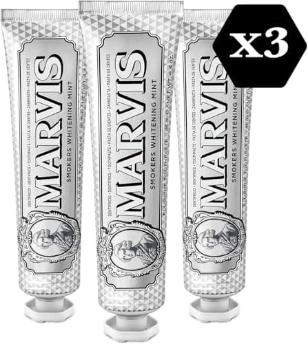 Marvis Lot de 3 dentifrices blanchissants pour fumeurs, Menthe, 3 x 85 ml, Favorise le blanchiment naturel des dents, Dentifrice anti-plaque dentaire