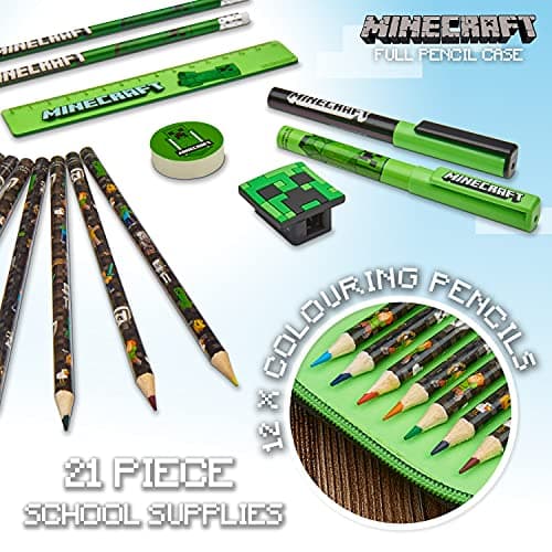 Minecraft Trousse Scolaire Enfants avec Plusieurs Compartiment, Papeterie Incluse - Ecole Fourniture (Noir)