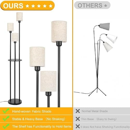 Winverty Lampadaire sur Pied Salon avec Etagere et 3 Lumières, Lampadaire Industriel Vintage avec Interrupteur à Pied et Abat-jour en Lin, Lampadaire Noir pour Salon Chambre Bureau E27