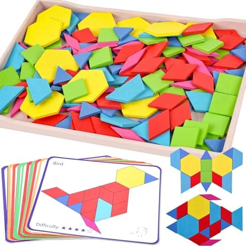 155 Pièces Tangram Bois Enfant, Puzzle Montessori Formes Géométriques Puzzle en Bois Jeu Tangram avec 12 Cartes Recto-Verso Jouet en Bois Montessori à Partir de 3 Ans pour Les Jeux Éducatifs D'éveil