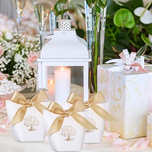 25Pcs Boîtes Cadeaux Baptême Communion Anniversaire Sachet Bonbons Mariage Bonbonnière Faveur avec 25Pcs Rubans Ballotin Chocolat Dragées Confirmation Design Arbre de Vie