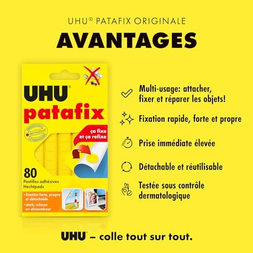 UHU Patafix originale - Pastilles adhésives prédécoupées, repositionnables, jaune, 80 pastilles