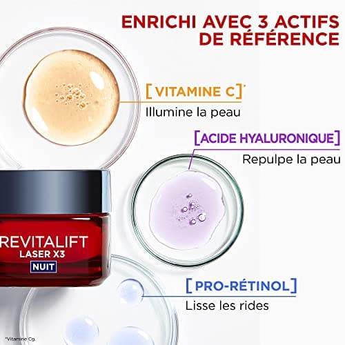 L'Oréal Paris - Crème Masque Nuit Triple Action Anti-Âge - Anti-Rides & Multi-Correction - Enrichi au Pro-Rétinol, à l'Acide Hyaluronique & à la Vitamine C - Revitalift Laser X3 - 50 ml
