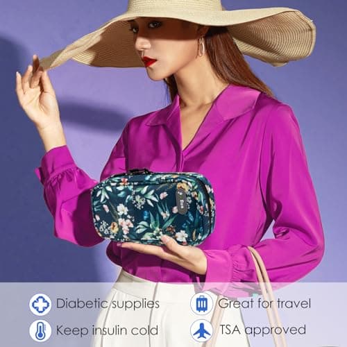 YOUSHARES Trousse Isotherme Insuline avec 2 Poche Glacière Insuline, Pochette Isotherme Insuline, Sac Isotherme Insuline Voyage pour Insuline Stylo, Injection, Seringue, Camellia Oleifera à Fond Bleu