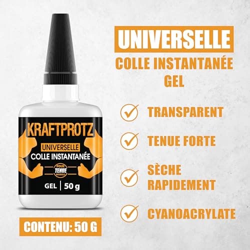 Colle forte gel 50 g – ne coule pas & ultra précise – super glue résistante à l’eau, à la chaleur & aux vibrations – colle universelle plastique, bois, métal, verre – bouchon aiguille – KRAFTPROTZ