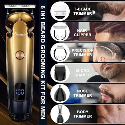 Hatteker Kit Tondeuse à Barbe Professionnel Avec Zero Gap T-Blade Tondeuse Rasoir Électrique Pour Le Nez Oreille Barbe Hommes Body Tondeuse Imperméable à l'eau Sans Fil Beauty Kit 6 en 1