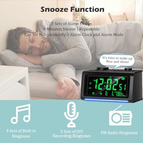 VORRINC Radio Réveil, Radio-Réveil Peut Enregistrer des Sonneries d'alarme, Synchronisation de l'heure du Téléphone Portable, 3 Alarmes, Bluetooth, Snooze, Reveil Numerique pour la Chambre, Noir
