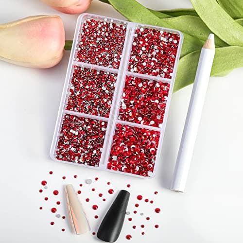 Beadsland 7200 pièces Strass pour ongles nail art,strass cristal rouges pour visage et l'artisanat,Mélange de 6 tailles avec kit de crayons de cire,SS3-SS10,Siam Clair