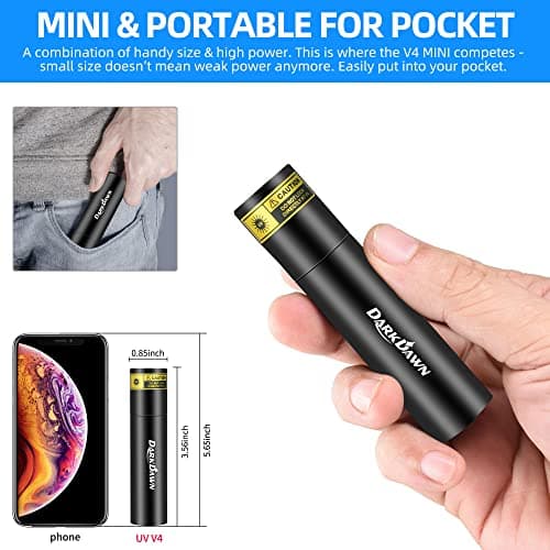 DARKDAWN UV 365nm Lampe Torche Lumière Noire, Mini USB Rechargeable, Lampe de Wood Portable LED Ultraviolet 370nm - Détecteur d'urine Chat, Taches, Billet, Ambre, Uranium, Détection de Fuites