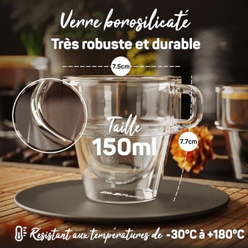 ElbFuchs® Tasse double paroi expresso [4x 150ml EMPILABLE] Verre double paroi à expresso | Verre isotherme | Tasse café transparente | Tasse a cafe double paroi avec anse