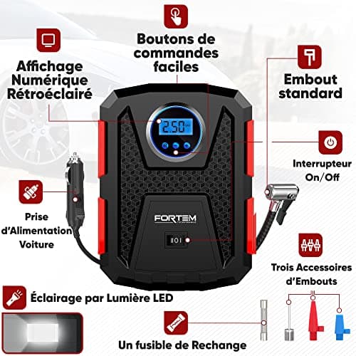 FORTEM Gonfleur Pneus Voiture, Compresseur à Air, Pompe à Vélo, Compresseur Voiture Électrique 12V – Compresseur Portatif Vélos avec Lumière LED, Jauge Numérique et Pompe/Arrêt Automatique (Rouge)