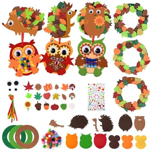 BETESSIN Loisirs Créatifs d'Automne et d'Hiver pour Enfant Bricolage Automne Mousse en Feutre avec Feuilles et Autocollant de Diamant Hibou Hérisson pour Halloween Thanksgiving Noël