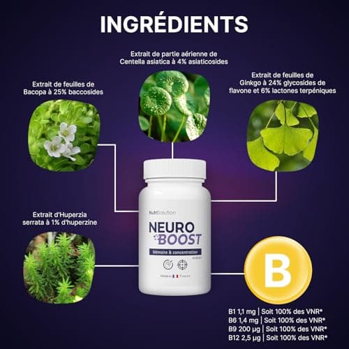 Neuro Boost par Nutrisolution - Boost Cognitif & Énergie, Vitamines B, Ginkgo Biloba, Bacopa, Acide Alpha Lipoïque, Végétalien, Fabriqué en France