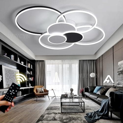 WJYCYN Dimmable Grand salon lampe LED 7Ring Blanc & Noir Plafonnier chambre à coucher modernes avec télécommandes Eclairage de plafond Métal Acrylique Plafonnier Bureau Salle à manger 7 flammes 100W