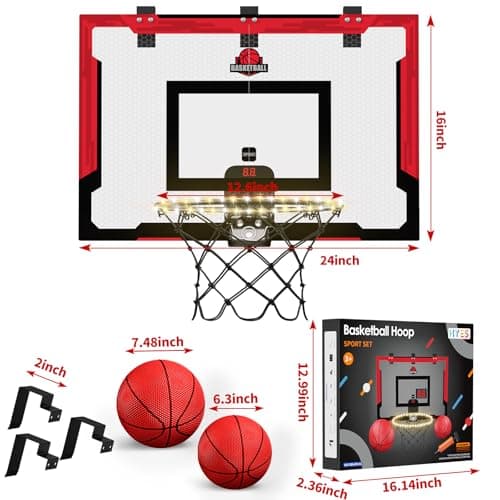 HYES 24" x 16" Panier de Basket Interieur pour Enfants, Panier de Basket avec Scoreboard et éclairage, Panier Basket Chambre avec 2 Ballons, Pompes, Jouet de Sport pour extérieur, Rouge