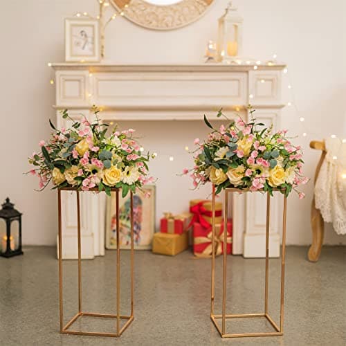 Sziqiqi 60cm Métal Or Vase Centre de Table Mariage - 2 Pièces Haut Grand Vases à Fleurs Centre de Table Anniversaire Géométriques Rectangulaires Vase pour Réception Fête Baby Shower Fiançailles