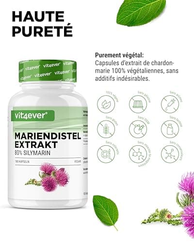 Extrait de chardon-Marie 180 gélules de 500 mg chacune - 80% de silymarine - 6 mois d'approvisionnement - Testé en laboratoire (teneur en ingrédients actifs et pureté) - Hautement dosé - Végétalien